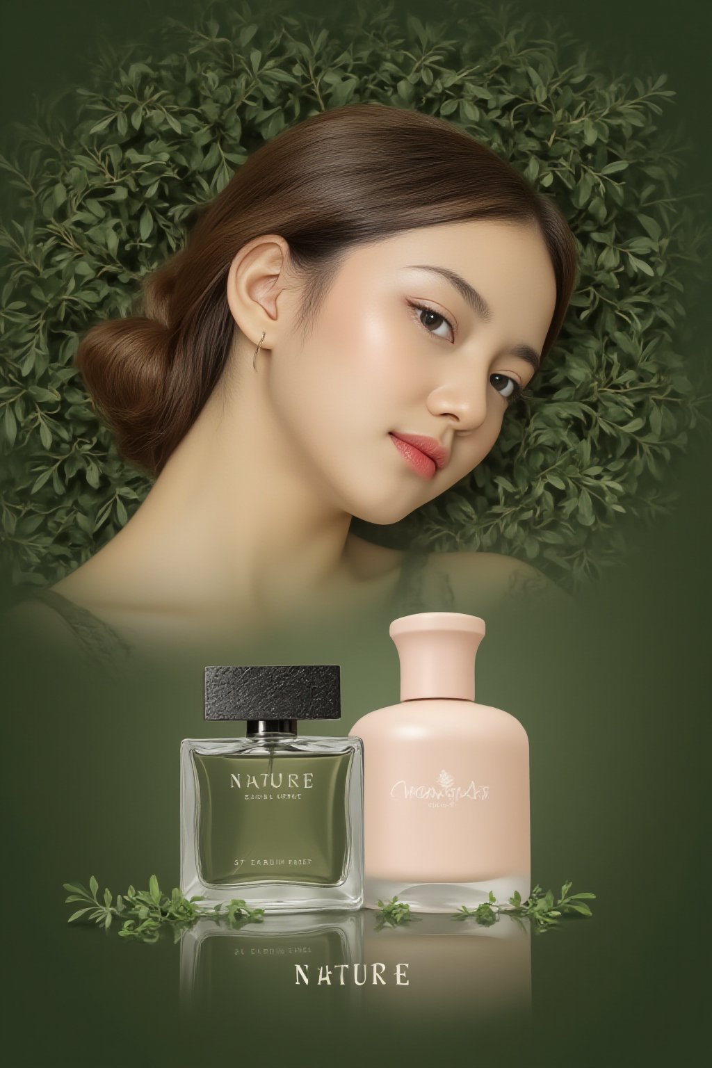 A professional photograph showcasing a cosmetics advertisement for the brand 'NATURE,' created in collaboration with K-POP Star for JISOO edition. The image features an Adepta alluring, adorned in a the scent of the forest, alongside a bottle of perfume of nature. The Perfume is designed with a Feminine and elegant texture. The text 'NATURE' is displayed at the bottom of the image,asmara,Enhanced all