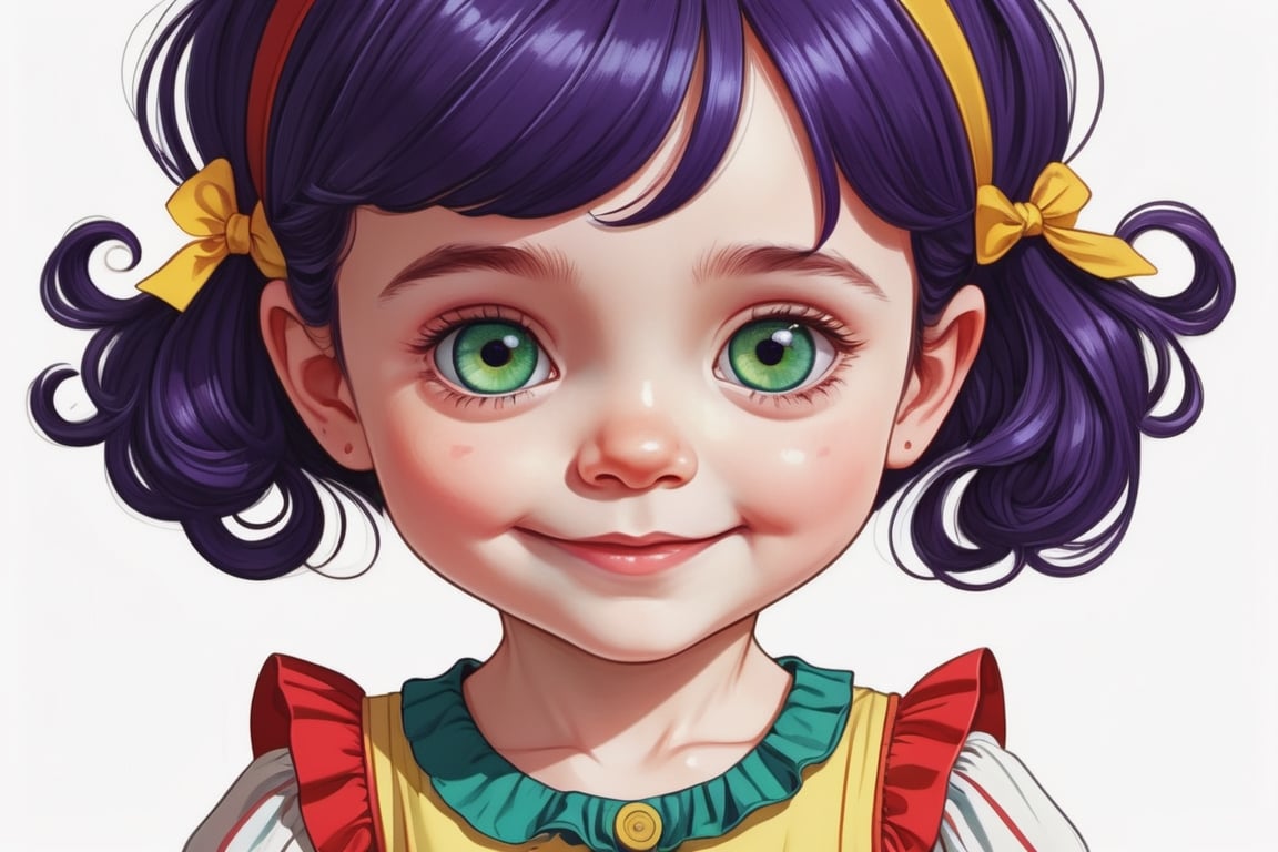 Imagine a line art of a little girl named Doris, with dark violet hair, green eyes, a happy kid, and precise anatomy, against a white background. Her well-designed Dress is in secondary colors. delightful canvas in red, yellow and blue