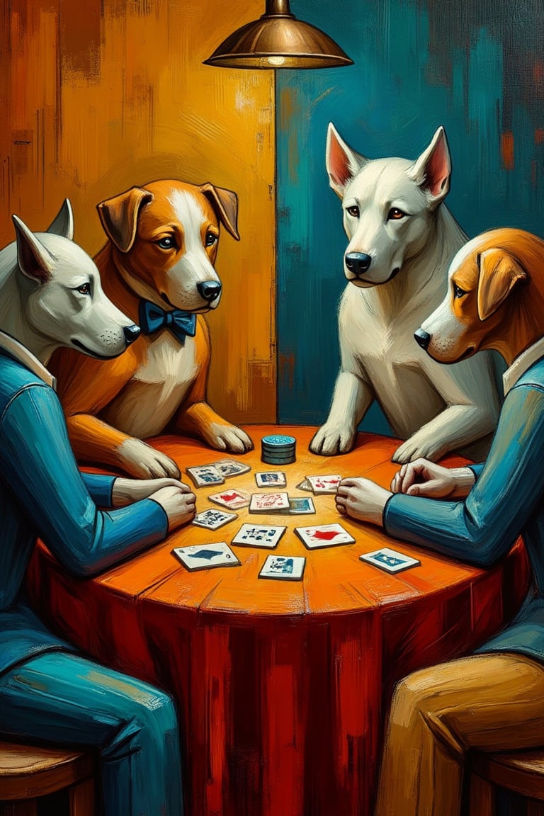 UHD, realistic oil painting style of Pablo Picasso of his cubist paintings, a picture og dogs at a card table playing poker 