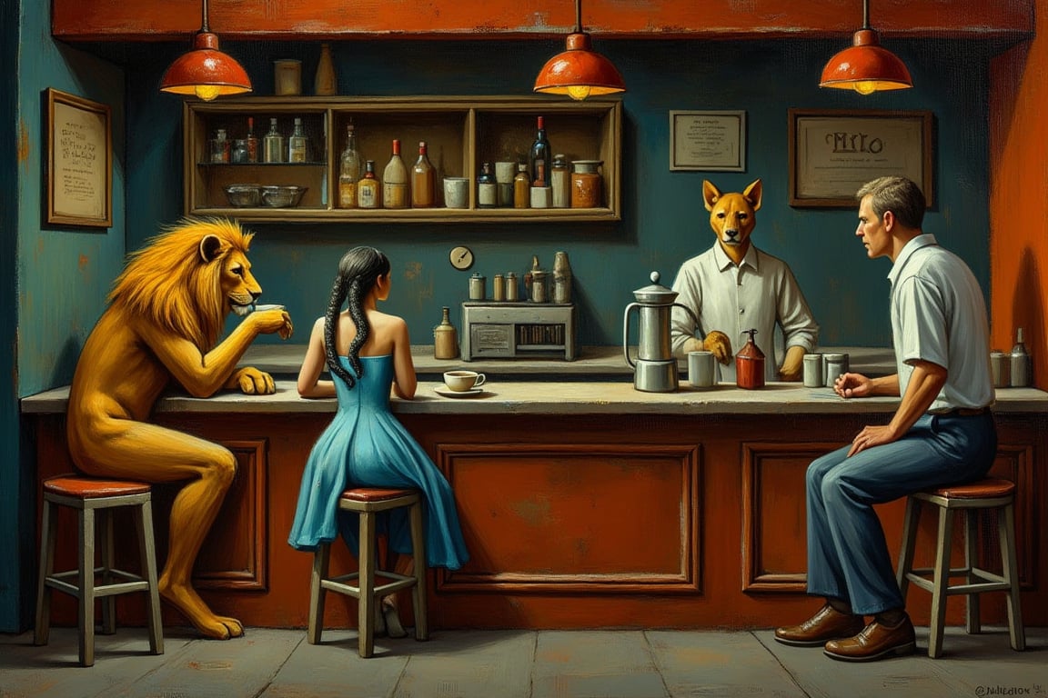 UHD, realistic oil painting style of Edward Hopper's Nighthawks painting, a picture featuring a lion with a human body sitting at a counter drinking coffee next to a woman with snakes for hair wearing a baby blue dress and a dog with a human body working behind the counter as a waiter in white uniform 