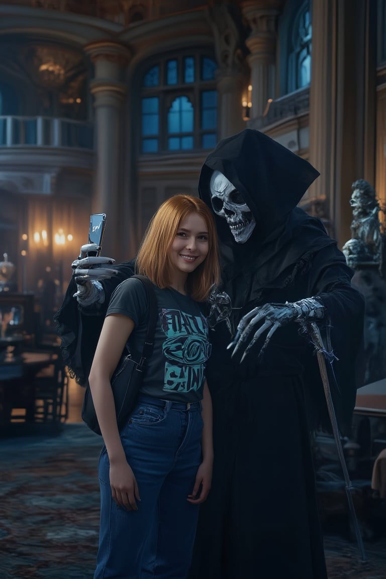 A whimsical scene: the Grim Reaper standing in a dark parlor in a huge mansion holding a smartphone and taking a selfie with a smiling young woman with bobbed hair wearing a t-shirt and blue jeans