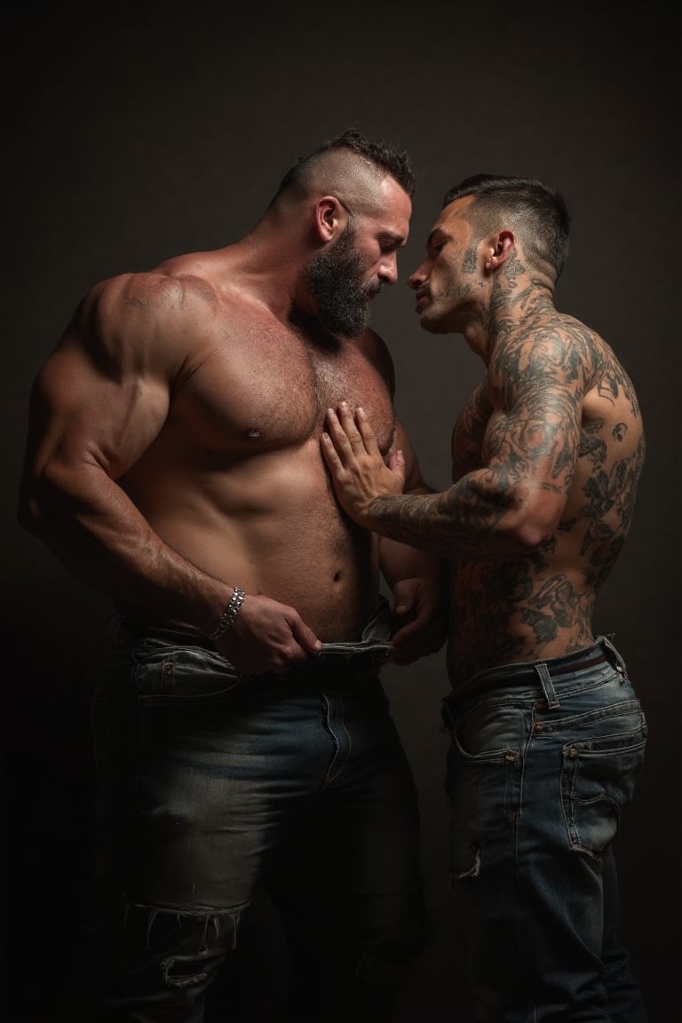 A sultry full-body shot captures the robust 40-year-old muscle daddy standing dominant and tall, his chiseled physique on vivid display. The fit 30-year-old heavily tattooed hunk kneels before him and gazes up from a low angle, accentuating their power disparity. Soft lighting highlights the striking contrast between the older man's hairy chest and buzzcut hair against the younger one's smooth skin and unkempt locks. The camera frames an intimate moment: the younger man carefully unbuttons the older man's old torn jeans, revealing vulnerable skin and pubic hair, while the youth's face radiates desire and purity. Their locked gaze conveys a deep emotional connection amidst sweat-glistened skin, as hands release the older man's powerful manhood, while the younger man's mouth lightly presses to the older man's bulging crotch.
