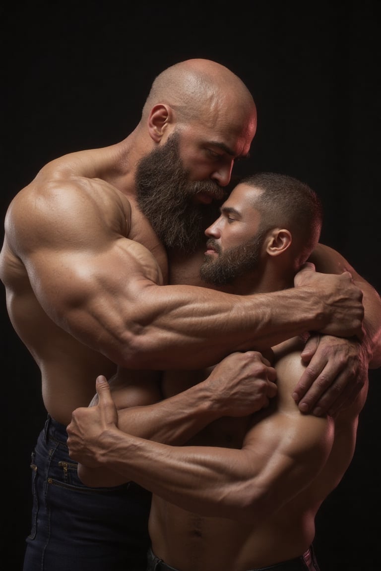 Prompt: A hyperrealistic photograph captures a tender moment between two men, showcasing a size difference. A rough 45-year-old bald man with a thick beard, hairy chest and chiseled physique wraps the smaller 25-year-old hipster punk man in a protective embrace. hug from behind, eyes locked in a loving gaze. The older man's head leans gently on the younger one's shoulder as he wraps his arms around the other, hands clasped tightly at the front. vulnerability and trust shared between them. dramatic contour natural lighting, natural skin imperfections, texture, hand, natural skin imperfections, natural body shine, fluxbodybuilder