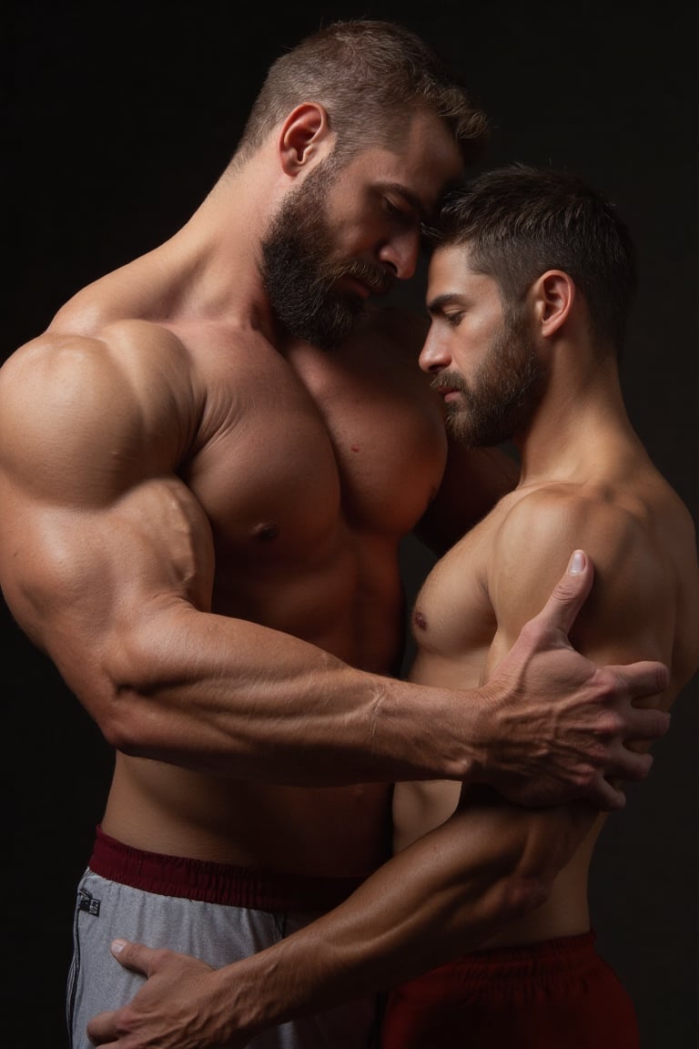 hyperrealistic photo of 2men: (1man very large 50yo beefy strongman, beard) (1man 20yo smaller twink) (extreme size-difference++, extreme age-difference, hugging in protective embrace, head leaning on chest, facing each other, romantic),Hand,russ,fluxbodybuilder