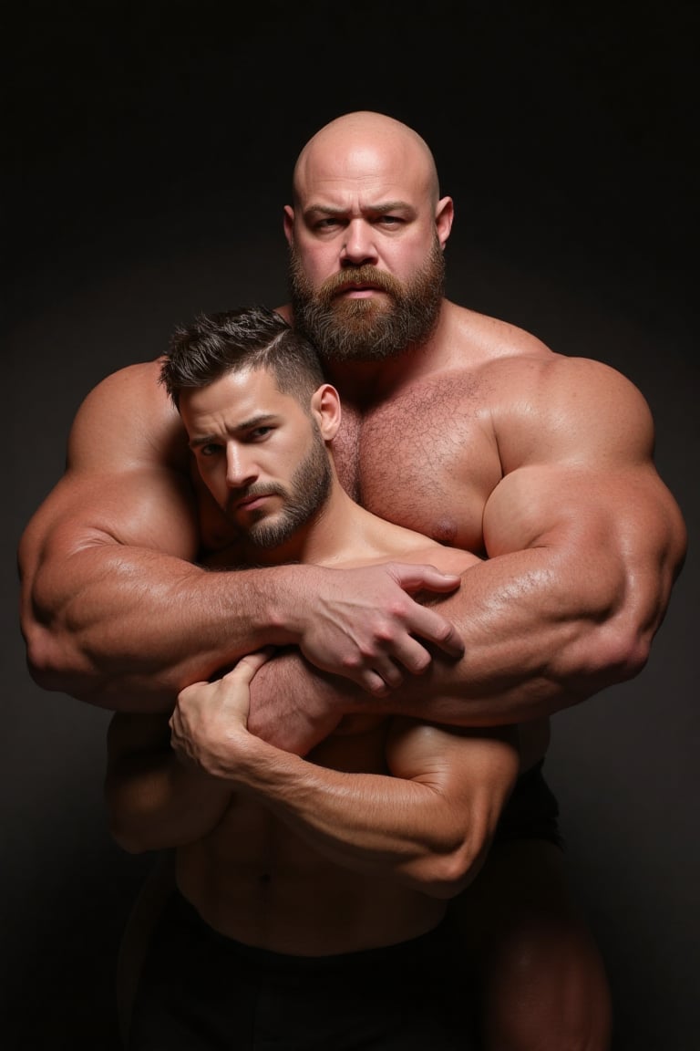 A hyperrealistic photograph captures a tender moment between two men, showcasing a size difference. A sturdy and muscular 50-year-old man with a thick beard, hairy chest and chiseled physique wraps the smaller 20-year-old hipster man in a protective embrace. hug from behind, eyes locked in a loving gaze. The older man's head leans gently on the younger one's shoulder as he wraps his arms around the other, hands clasped tightly at the front. vulnerability and trust shared between them. dramatic contour natural lighting, natural skin imperfections, texture, 