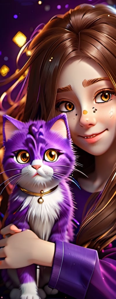 Imagine a beautiful girl with gold glasses, long brown hair,brown eyes, cat cosplay with long brown hair, homework, accompanied by a fluffy kitten, work of beauty and complexity, hyper-detailed face, kittens core, fantasy awesome. , 8k UHD, purple glitter elements