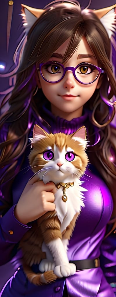 Imagine a beautiful girl with gold glasses, long brown hair,brown eyes, cat cosplay with long brown hair, realized homework, accompanied by a fluffy kitten, work of beauty and complexity, hyper-detailed face, kittens core, fantasy awesome. , 8k UHD, purple glitter elements