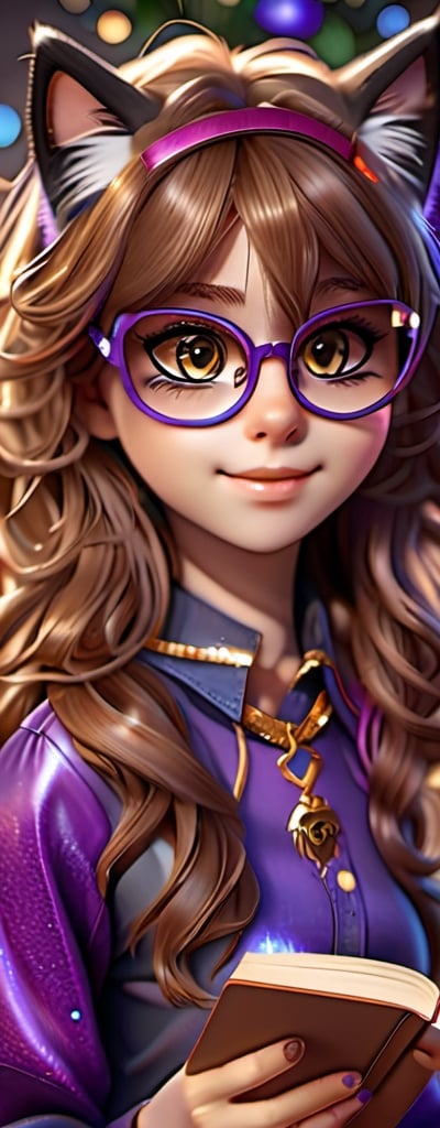 Imagine a beautiful girl with gold glasses, long brown hair,brown eyes, cat cosplay with long brown hair, a book, accompanied by a fluffy kitten, work of beauty and complexity, hyper-detailed face, kittens core, fantasy awesome. , 8k UHD, purple glitter elements