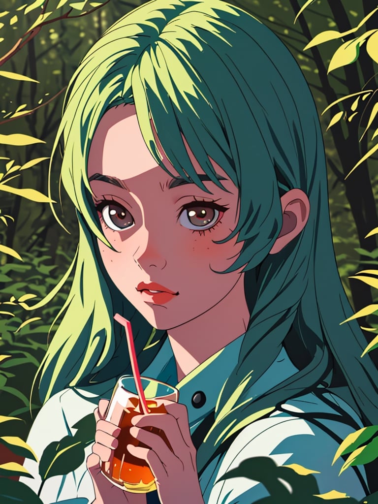 portrait of young woman, 8k drink tea in the forest