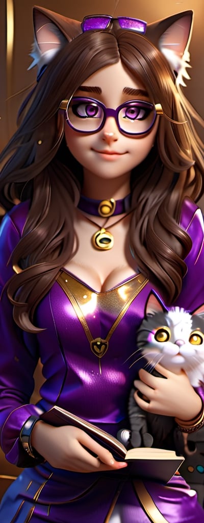 Imagine a beautiful girl with gold glasses, long brown hair,brown eyes, cat cosplay with long brown hair, a book, accompanied by a fluffy kitten, work of beauty and complexity, hyper-detailed face, kittens core, fantasy awesome. , 8k UHD, purple glitter elements