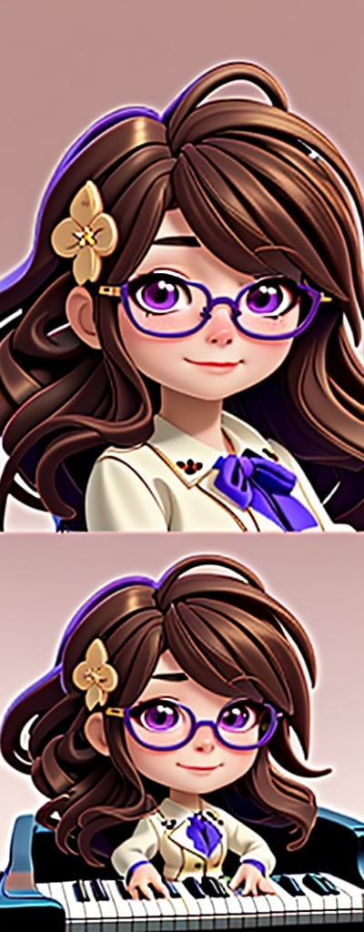 Imagine a beautiful girl with golden glasses, long brown hair, cat cosplay with long brown hair, play the piano, work of beauty and complexity, hyper-detailed face, floral core, fantasy awesome. , 8k UHD, purple glitter elements,takane shijou,chibi,PinchingPOV