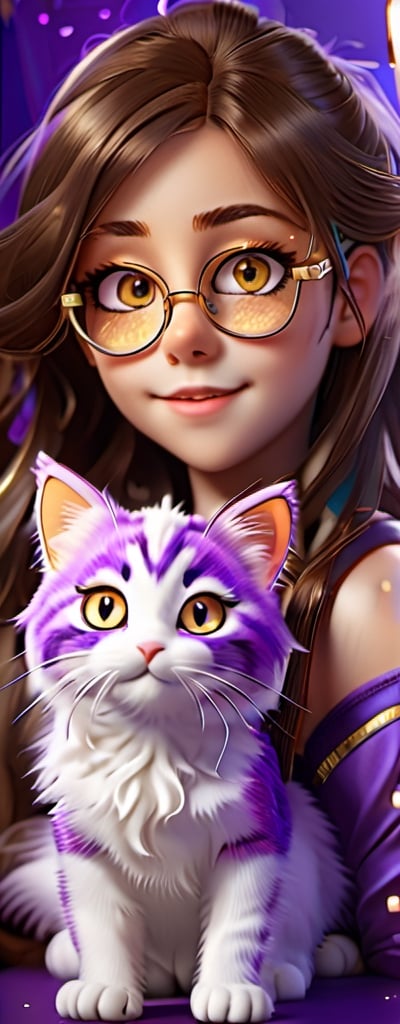 Imagine a beautiful girl with gold glasses, long brown hair,brown eyes, cat cosplay with long brown hair, homework, accompanied by a fluffy kitten, work of beauty and complexity, hyper-detailed face, kittens core, fantasy awesome. , 8k UHD, purple glitter elements