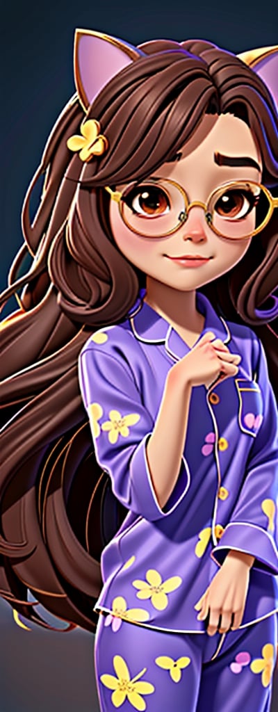 Imagine a beautiful girl with golden glasses, long brown hair, cat cosplay with long brown hair, brown eyes, in pijamas, work of beauty and complexity, hyper-detailed face, floral core, fantasy awesome. , 8k UHD, purple glitter elements,takane shijou,chibi,PinchingPOV