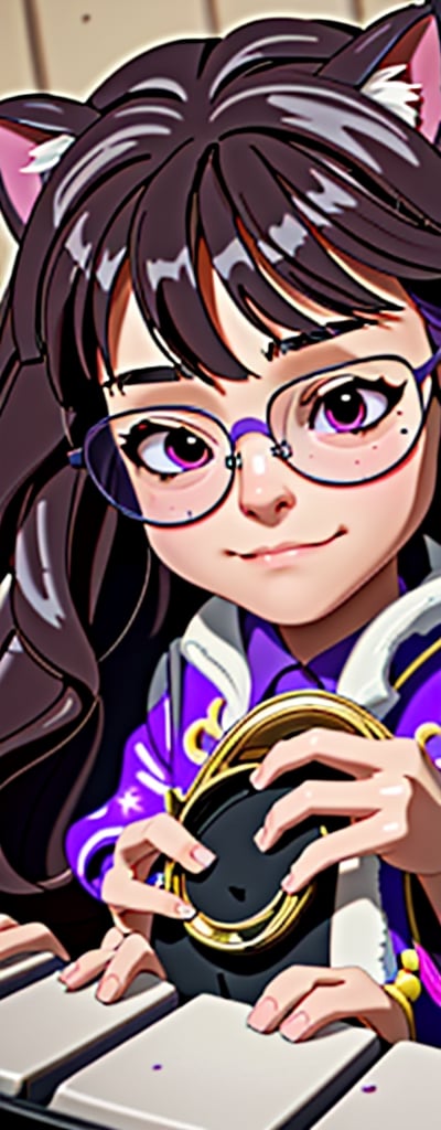 Imagine a beautiful girl with golden glasses, long brown hair, cat cosplay with long brown hair, play the piano, accompanied by a fluffy kitten, work of beauty and complexity, hyper-detailed face, floral core, fantasy awesome. , 8k UHD, purple glitter elements,takane shijou,chibi,PinchingPOV