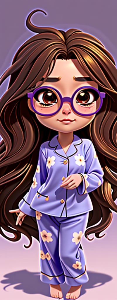 Imagine a beautiful girl with golden glasses, long brown hair, cat cosplay with long brown hair, brown eyes, in pijamas, work of beauty and complexity, hyper-detailed face, floral core, fantasy awesome. , 8k UHD, purple glitter elements,takane shijou,chibi,PinchingPOV