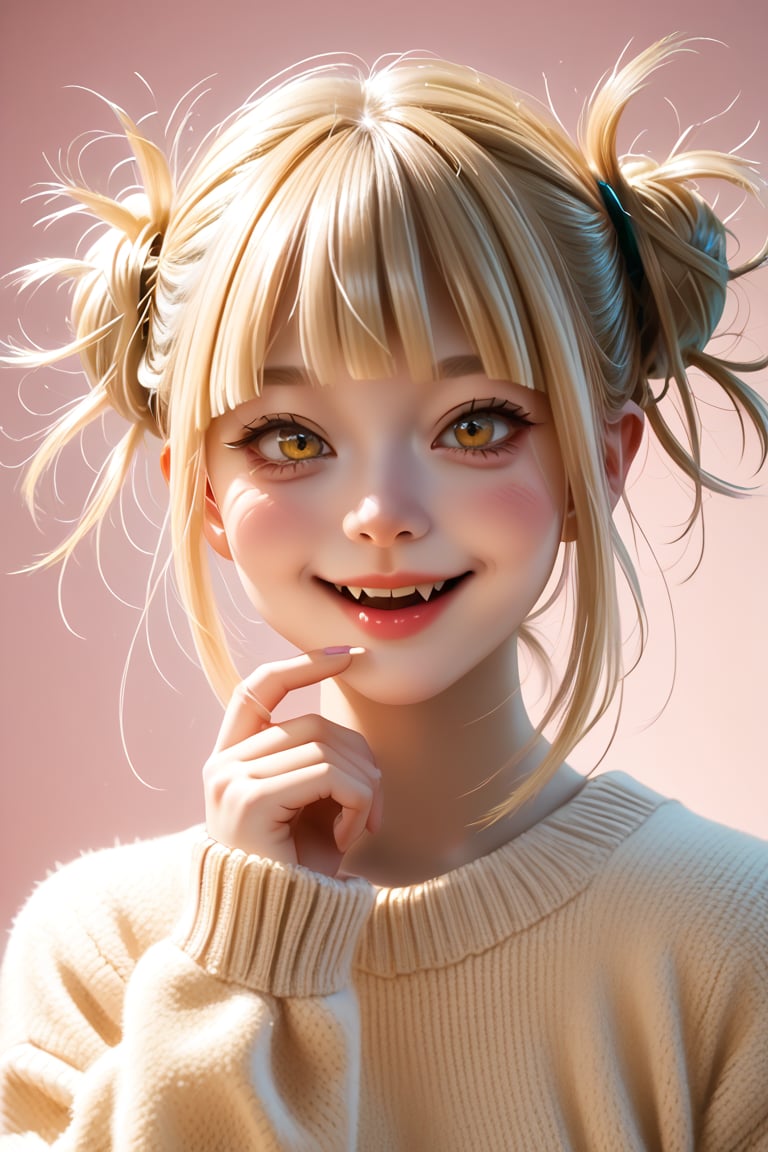 score_9,score_8_up,score_7_up,source_real,rating_explicit,BREAK, Extremely Realistic,himiko toga,canine,cat pupils
Create a vibrant character with light blonde hair styled with short, straight bangs and two high ponytails, with some strands left loose. She has a youthful, oval face with large, amber eyes that convey a playful, mischievous expression. Her fair skin shows a slight blush on her cheeks, emphasizing her youthful age of around 15. Dress her in a casual, light-colored sweater with a simple, cozy design, suggesting comfort. Capture her in a playful pose, making a playful gesture with one hand while smiling widely, showing her teeth with the fangs visible. Use bright, warm colors and dramatic lighting to highlight her features against a soft, luminous background, creating a cheerful, energetic atmosphere.