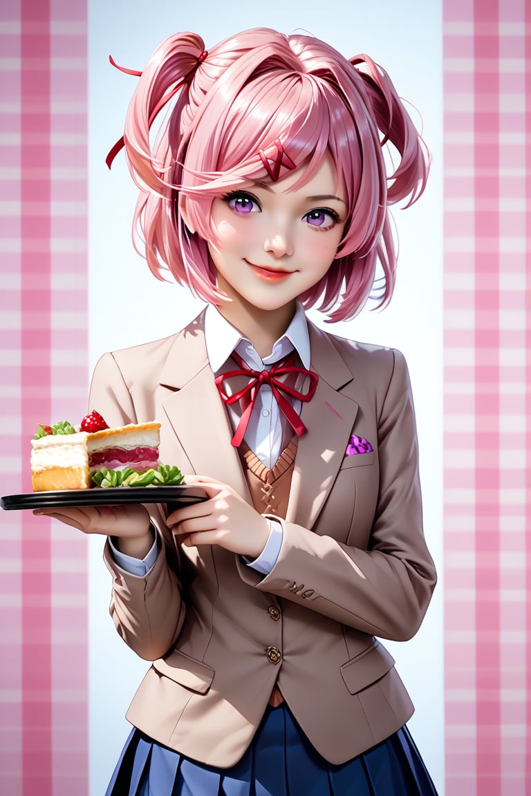 score_9,score_8_up,score_7_up,source_real,rating_explicit,BREAK,Extremely realistic,ddlcnatsuki, fang, hair ornament, pink hair, purple eyes, short hair, short sidetail, swept bangs, x hair ornament, blazer, blue skirt, brown jacket, collared shirt, jacket, long sleeves, miniskirt, neck ribbon, pleated skirt, red ribbon, ribbon, school uniform, shirt, skirt, swept bangs, vest, white shirt, wing collar, x hair ornament
Create a vibrant portrait of a cheerful young girl aged 16-20 with short, messy pink hair styled in two pigtails and a red headband. Her oval face features large, shining black eyes that convey joy, complemented by smooth, fair skin with a subtle blush. Dress her in a simple brown school uniform jacket over a white blouse, accented with a red tie and a bow. She holds a tray with three colorful cat-themed pastries in yellow, green, and purple, exuding enthusiasm. The image should be shot from the front, capturing her wide, happy smile. Use bright colors, dynamic lighting, and a playful checkered background to enhance the lively atmosphere and keep the focus on her and the delightful treats.