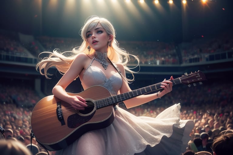  masterpiece,best quality, highly detailed, weiss schnee,1girl,solo,scar across eye,  cowboy shot, performing in huge concert hall, on stage, in beautiful evening dress, microphone, audience,  (volumetric lighting), intricate details, tonemapping, sharp focus, hyper detailed poakl, 