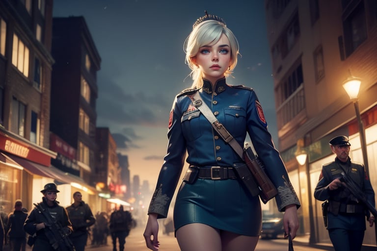  masterpiece,best quality, highly detailed, weiss schnee,1girl,solo,scar across eye,  cowboy shot, wearing military uniform, walking with fellow officer in cityscape, other military officers with weapons (volumetric lighting), intricate details, tonemapping, sharp focus, hyper detailed poakl, 