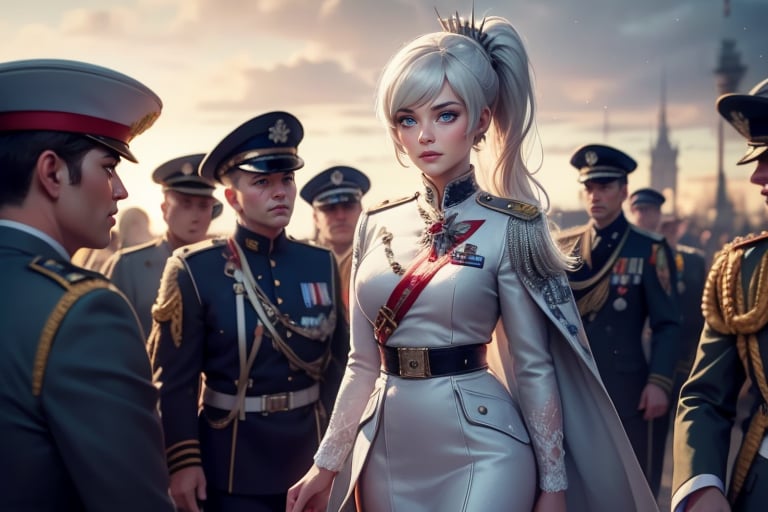 masterpiece,best quality, highly detailed, weiss schnee, scar across eye, long white hair, side ponytail, cowboy shot, looking at viewer, ((she is wearing a military uniform, walking next to fellow officers)), outside palace, military guests arriving, crowd, (volumetric lighting), intricate details, tonemapping, sharp focus, hyper detailed poakl,