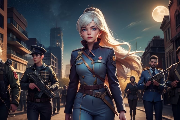  masterpiece,best quality, highly detailed, weiss schnee,1girl,solo,scar across eye,  cowboy shot, wearing military uniform, walking with fellow officer in cityscape, night, stars, moon, other military officers with weapons (volumetric lighting), intricate details, tonemapping, sharp focus, hyper detailed poakl, 