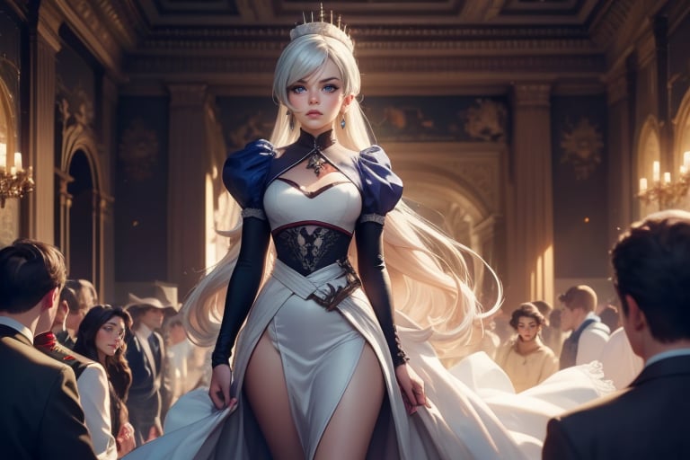  masterpiece,best quality, highly detailed, weiss schnee,1girl,solo,scar across eye,  cowboy shot, walking in palace grounds, crowd, (volumetric lighting), intricate details, tonemapping, sharp focus, hyper detailed poakl, 