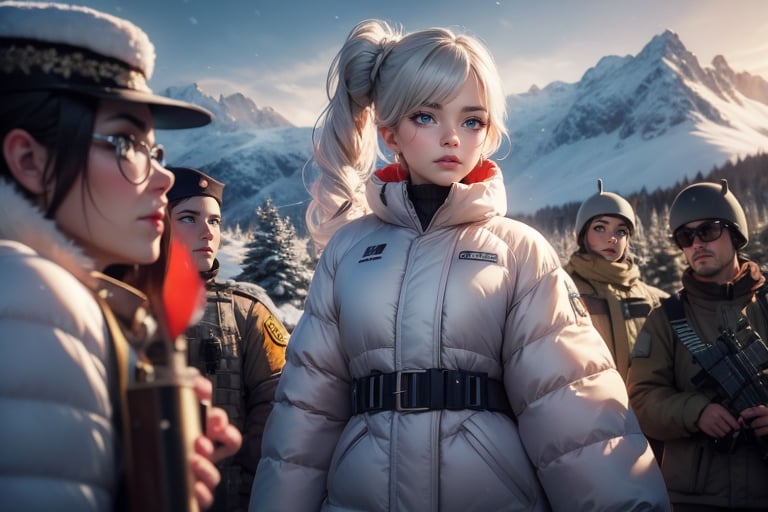 masterpiece,best quality, highly detailed, weiss schnee, scar across eye, long white hair, side ponytail, cowboy shot, she is wearing a white coat over military uniform, patrolling with black haired female military officer on snow covered mountain slope, near ski lodge, other military officers are present, crowd, (volumetric lighting), intricate details, tonemapping, sharp focus, hyper detailed poakl,