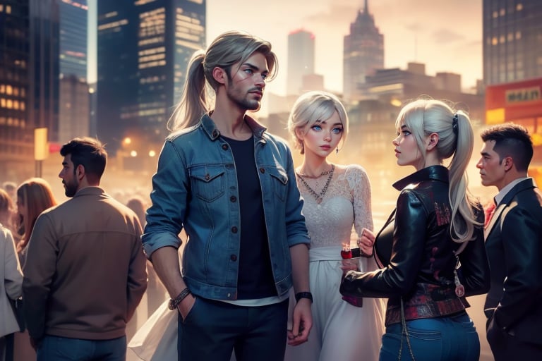 masterpiece,best quality, highly detailed, weiss schnee, scar across eye, long white hair, side ponytail, cowboy shot,  she is standing with 1 man and 1 woman, wearing casual clothes, talking, cityscape, crowd, (volumetric lighting), intricate details, tonemapping, sharp focus, hyper detailed poakl,