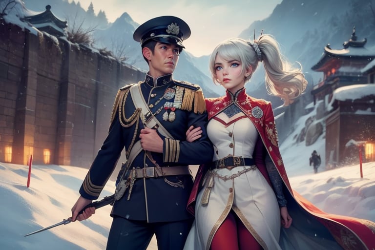 masterpiece,best quality, highly detailed, weiss schnee, scar across eye, long white hair, side ponytail, cowboy shot, she is armed and  wearing a military uniform, next to female officer who has short black hair, standing on snow covered great wall of china, other military officers are present, crowd, (volumetric lighting), intricate details, tonemapping, sharp focus, hyper detailed poakl,