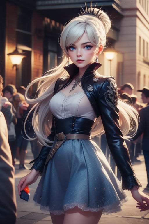  masterpiece,best quality, highly detailed, weiss schnee,1girl,solo,scar across eye,  cowboy shot, walking in courtyard, near  fountain, crowd, (volumetric lighting), intricate details, tonemapping, sharp focus, hyper detailed poakl, 