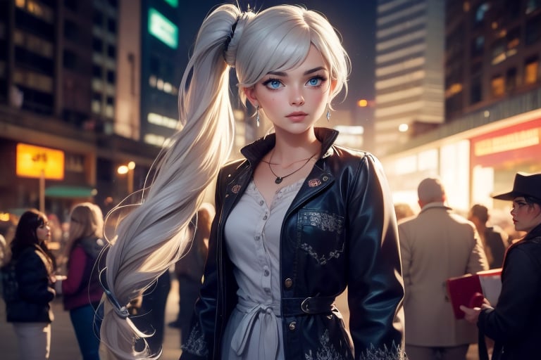 masterpiece,best quality, highly detailed, weiss schnee, scar across eye, long white hair, side ponytail, cowboy shot, looking at viewer, she is wearing casual clothes, talking to females, cityscape, crowd, (volumetric lighting), intricate details, tonemapping, sharp focus, hyper detailed poakl,