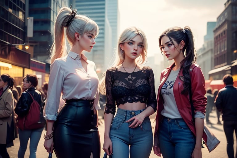 masterpiece,best quality, highly detailed, weiss schnee, scar across eye, long white hair, side ponytail, cowboy shot,  she is standing with 2 women, wearing casual clothes, talking, cityscape, crowd, (volumetric lighting), intricate details, tonemapping, sharp focus, hyper detailed poakl,