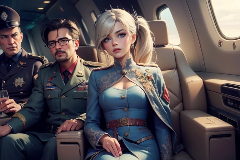 masterpiece,best quality, highly detailed, weiss schnee, scar across eye, long white hair, side ponytail, cowboy shot, she is wearing a military uniform, sitting with military officer in private jet,  other military officers are present (volumetric lighting), intricate details, tonemapping, sharp focus, hyper detailed poakl,