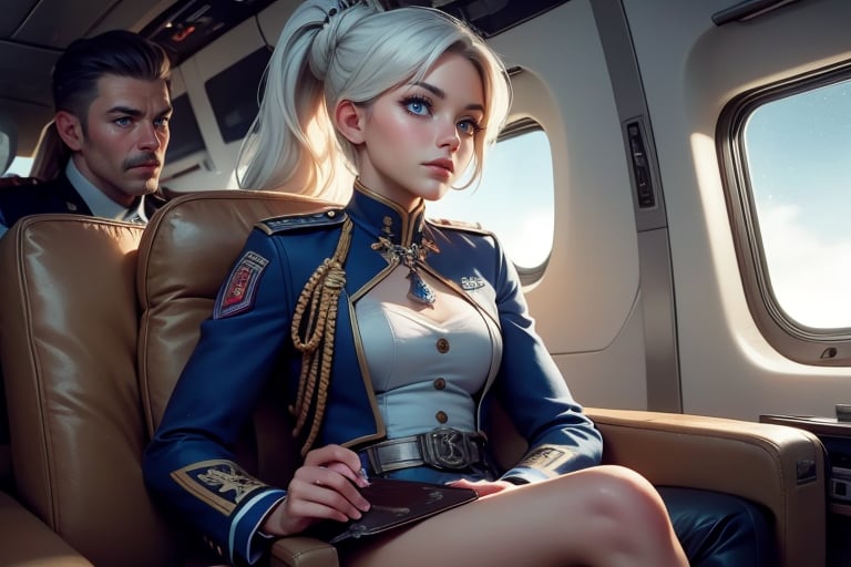 masterpiece,best quality, highly detailed, weiss schnee, scar across eye, long white hair, side ponytail, cowboy shot, she is wearing a military uniform, sitting with military officer in private jet,  other military officers are present (volumetric lighting), intricate details, tonemapping, sharp focus, hyper detailed poakl,