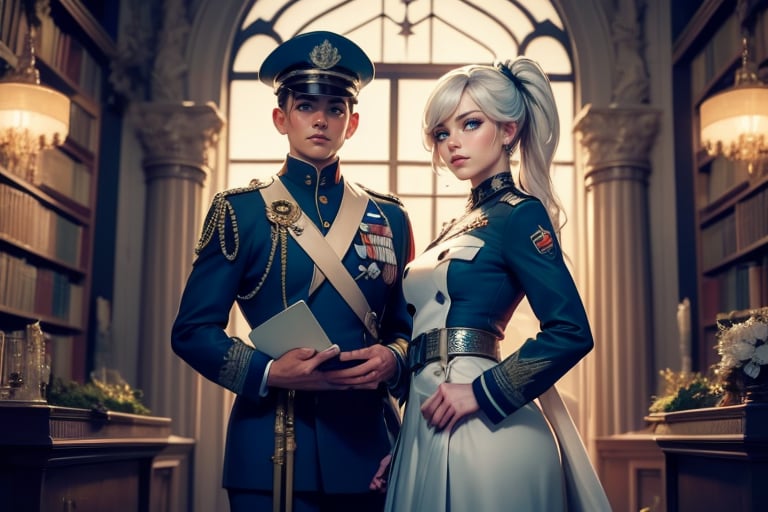 masterpiece,best quality, highly detailed, weiss schnee, scar across eye, long white hair, side ponytail, cowboy shot, looking at viewer, ((she is wearing a military uniform, standing next to fellow officer)), standing in ornate library, crowd, (volumetric lighting), intricate details, tonemapping, sharp focus, hyper detailed poakl,