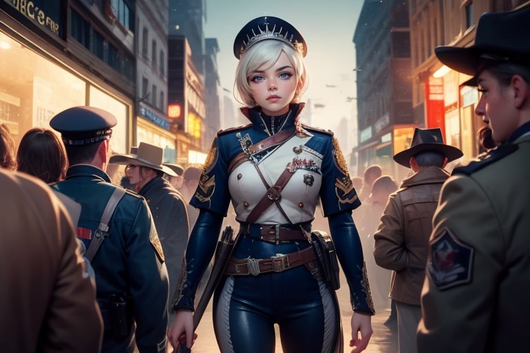  masterpiece,best quality, highly detailed, weiss schnee,1girl,solo,scar across eye,  cowboy shot, wearing military uniform, standing with fellow officer in cityscape, crowd, (volumetric lighting), intricate details, tonemapping, sharp focus, hyper detailed poakl, 