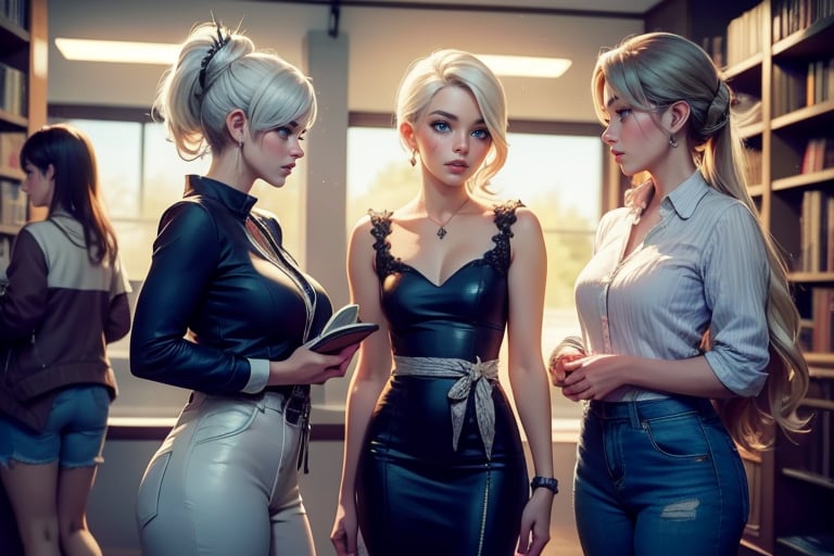 masterpiece,best quality, highly detailed, weiss schnee, scar across eye, long white hair, side ponytail, cowboy shot,  she is standing with 2 women, wearing casual clothes, talking, standing in library crowd, (volumetric lighting), intricate details, tonemapping, sharp focus, hyper detailed poakl,