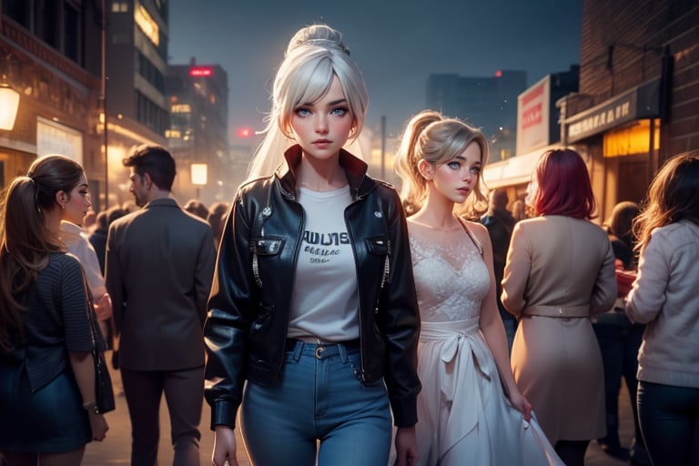 masterpiece,best quality, highly detailed, weiss schnee, scar across eye, long white hair, side ponytail, cowboy shot,  she is standing with 2 women, wearing casual clothes, talking, cityscape, crowd, (volumetric lighting), intricate details, tonemapping, sharp focus, hyper detailed poakl,