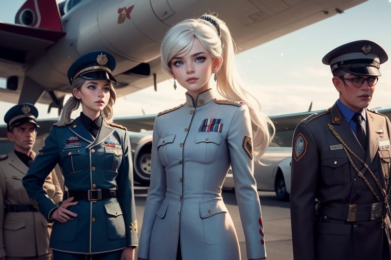 masterpiece,best quality, highly detailed, weiss schnee, scar across eye, long white hair, side ponytail, cowboy shot, she is wearing a military uniform, standing with female military officer in front of private jet,  other military officers are present (volumetric lighting), intricate details, tonemapping, sharp focus, hyper detailed poakl,