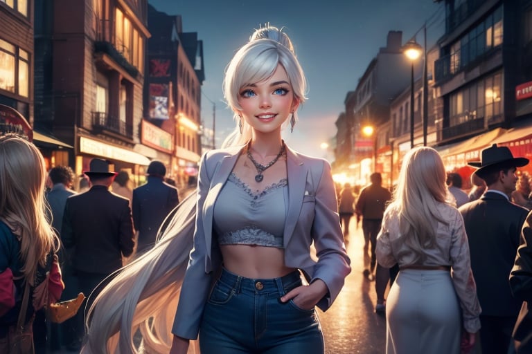 masterpiece,best quality, highly detailed, weiss schnee, scar across eye, long white hair, side ponytail, cowboy shot, smiling, looking at viewer, she is wearing casual clothes, standing next to friends, cityscape, crowd, (volumetric lighting), intricate details, tonemapping, sharp focus, hyper detailed poakl,