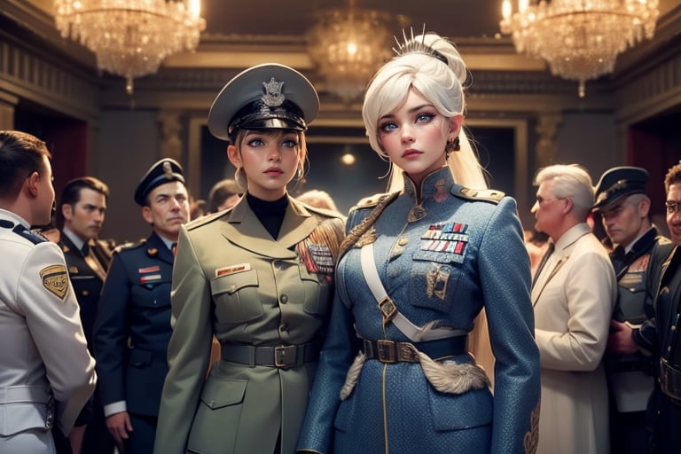 masterpiece,best quality, highly detailed, weiss schnee, scar across eye, long white hair, side ponytail, cowboy shot, looking at viewer, ((she is wearing a military uniform, standing next to fellow officer)), standing outside,  palace, military guests arriving, crowd, (volumetric lighting), intricate details, tonemapping, sharp focus, hyper detailed poakl,