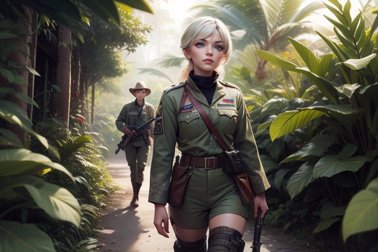  masterpiece,best quality, highly detailed, weiss schnee,1girl,solo,scar across eye,  cowboy shot, wearing khaki military uniform, walking with fellow officer in tropical rainforest, lush vegitation, other military officers with weapons (volumetric lighting), intricate details, tonemapping, sharp focus, hyper detailed poakl, 