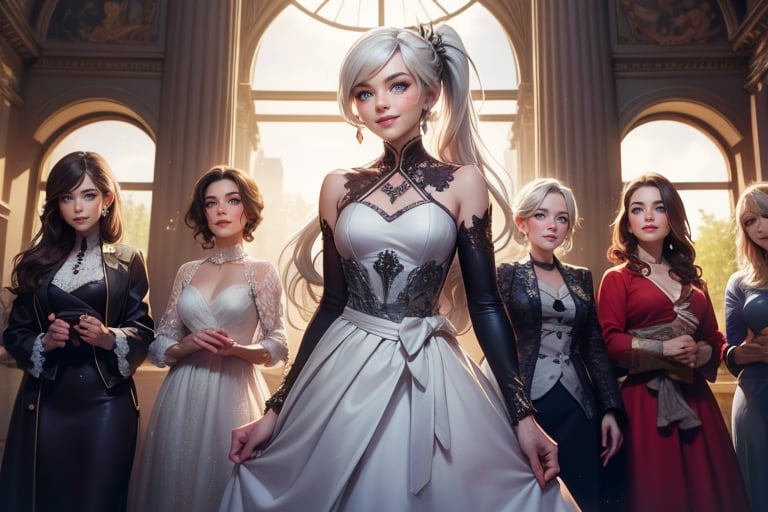 masterpiece,best quality, highly detailed, weiss schnee, looking at viewer, scar across eye, long white hair, side ponytail, smile, cowboy shot, (she is standing inside townhall, (standing with 4 women)), crowd, (volumetric lighting), intricate details, tonemapping, sharp focus, hyper detailed poakl,