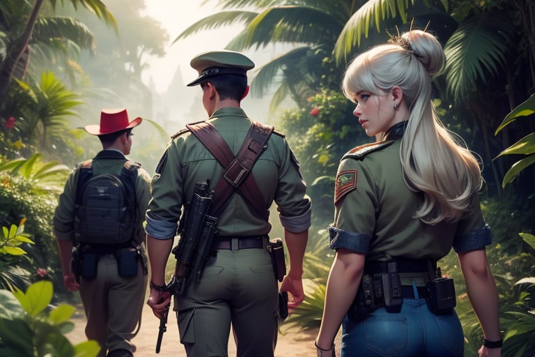  masterpiece,best quality, highly detailed, weiss schnee,scar across eye, viewer looking at her from behind, cowboy shot, wearing khaki military uniform, walking with fellow officer in tropical rainforest, lush vegitation, other military officers with weapons (volumetric lighting), intricate details, tonemapping, sharp focus, hyper detailed poakl,