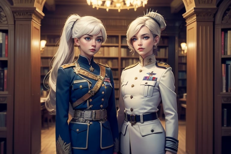 masterpiece,best quality, highly detailed, weiss schnee, scar across eye, long white hair, side ponytail, cowboy shot, ((she is wearing a military uniform, standing next to female officer)), standing in ornate library, crowd, (volumetric lighting), intricate details, tonemapping, sharp focus, hyper detailed poakl,