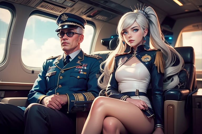 masterpiece,best quality, highly detailed, weiss schnee, scar across eye, long white hair, side ponytail, cowboy shot, she is wearing a military uniform, sitting with military officer in private jet,  other military officers are present (volumetric lighting), intricate details, tonemapping, sharp focus, hyper detailed poakl,