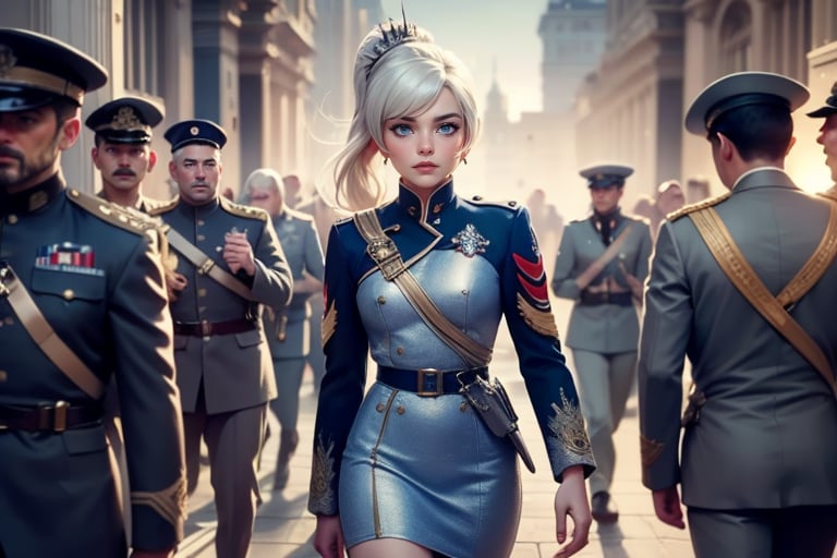 masterpiece,best quality, highly detailed, weiss schnee, scar across eye, long white hair, side ponytail, cowboy shot, looking at viewer, ((she is wearing a military uniform, walking next to fellow officers)), outside palace, military guests arriving, crowd, (volumetric lighting), intricate details, tonemapping, sharp focus, hyper detailed poakl,