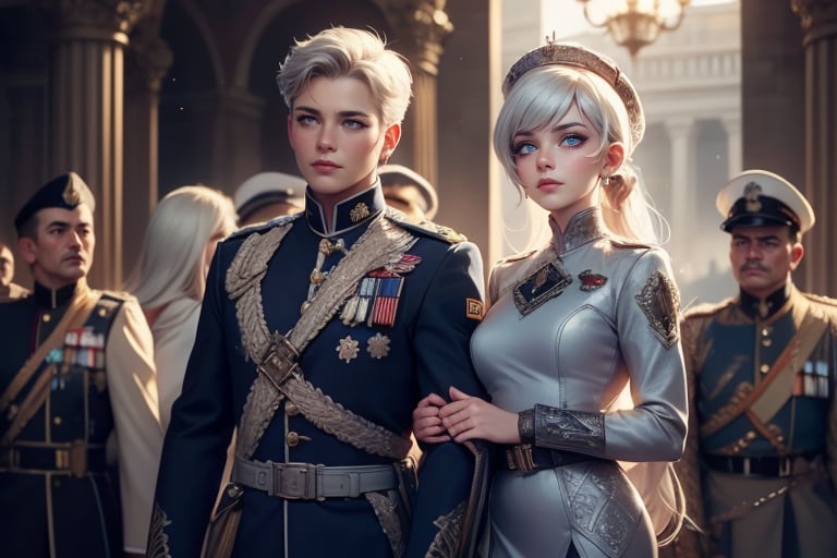 masterpiece,best quality, highly detailed, weiss schnee, scar across eye, long white hair, side ponytail, cowboy shot, looking at viewer, ((she is wearing a military uniform, standing next to fellow officer)), standing outside,  palace, military guests arriving, crowd, (volumetric lighting), intricate details, tonemapping, sharp focus, hyper detailed poakl,