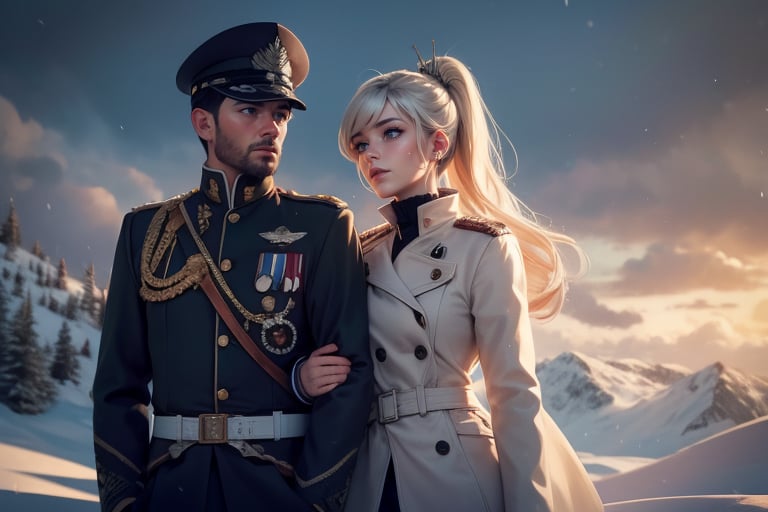 masterpiece,best quality, highly detailed, weiss schnee, scar across eye, long white hair, side ponytail, cowboy shot, she is wearing a white coat over military uniform, next to black haired female military officer on snow covered mountain slope, near ski lodge, other military officers are present, crowd, (volumetric lighting), intricate details, tonemapping, sharp focus, hyper detailed poakl,