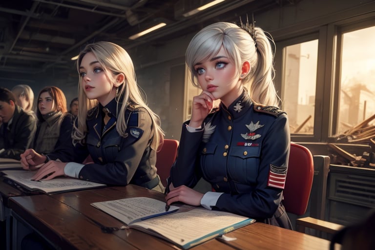 masterpiece,best quality, highly detailed, weiss schnee, scar across eye, long white hair, side ponytail, cowboy shot, ((she is wearing a military uniform, sitting next to female officer)), sitting on chairs, looking at lecturer in collapsed school building, classroom, desks, bonfire, rubble, other officers present, crowd, post-apocalypse, dystopian future, (volumetric lighting), intricate details, tonemapping, sharp focus, hyper detailed poakl,